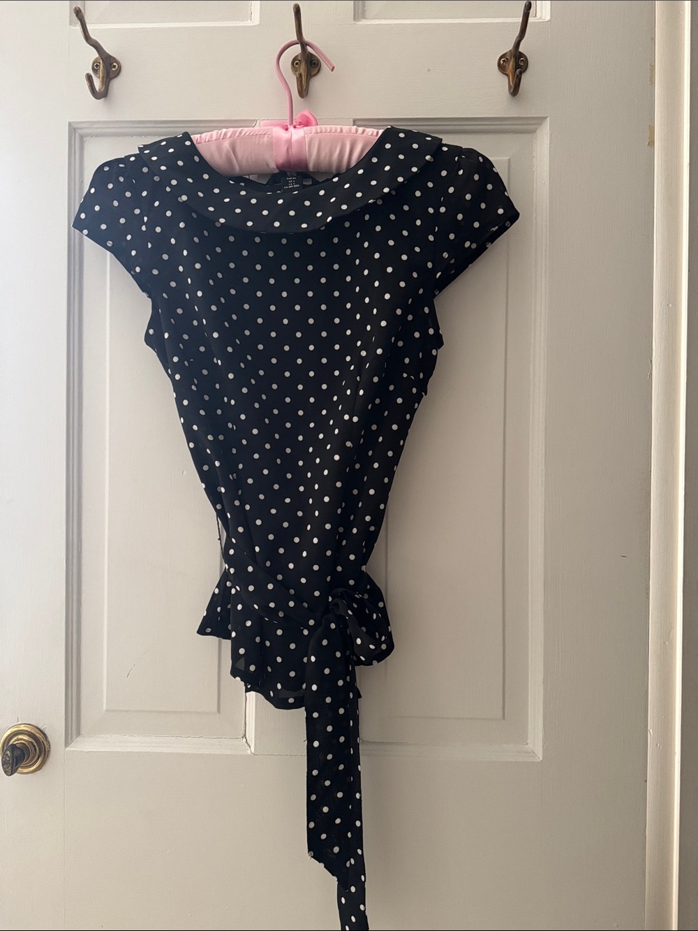 H&M Black Polka Dot Cap Sleeve Blouse with Waist Tie